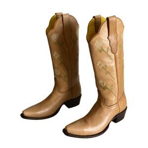 Planet Cowboy Western Tan Rose Embroidered Snip Toe Leather Boots Women's sz 7 B
